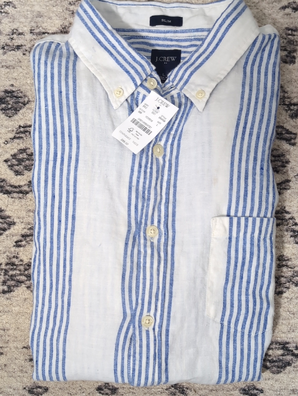 J. Crew White/Blue Striped Linen and Cotton Short-Sleeve Button-Down Shirt, L.
